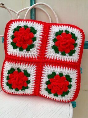 Vintage Crocheted Pillow with four rose granny squares, handmade, cottagecore